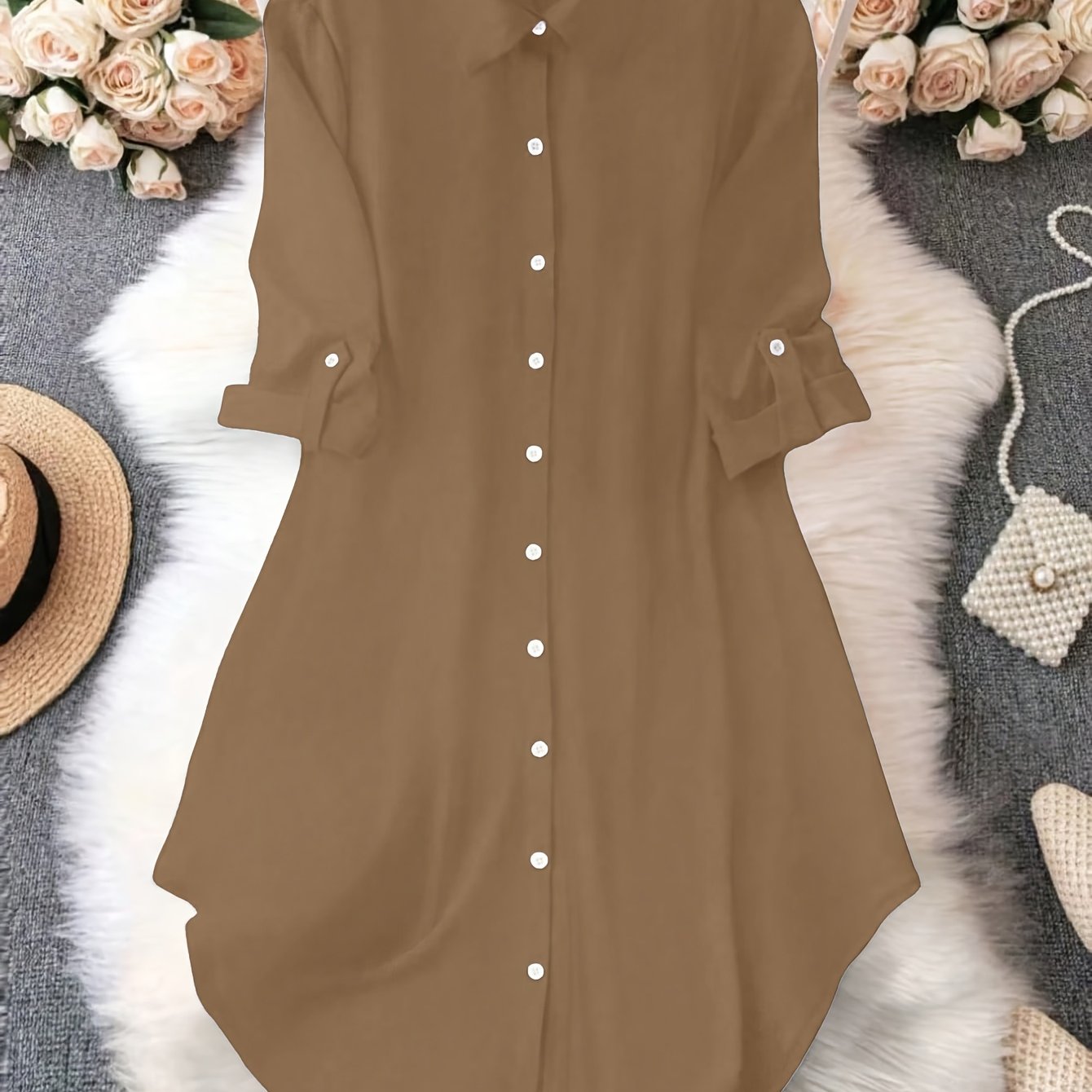 Women'S Light Blue Dress Shirt with Front Buttons and Sleeves - Casual Crew Neck, Long Sleeve, Solid Color, Polyester, Perfect for Spring and Fall, Ladies Dress