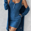 Women's Elegant Blue Ribbed Knit Dress Set - Casual Long Sleeve Cardigan & Button Front Vest Outfit, Chic Slim Fit Fashion Two-Piece Set
