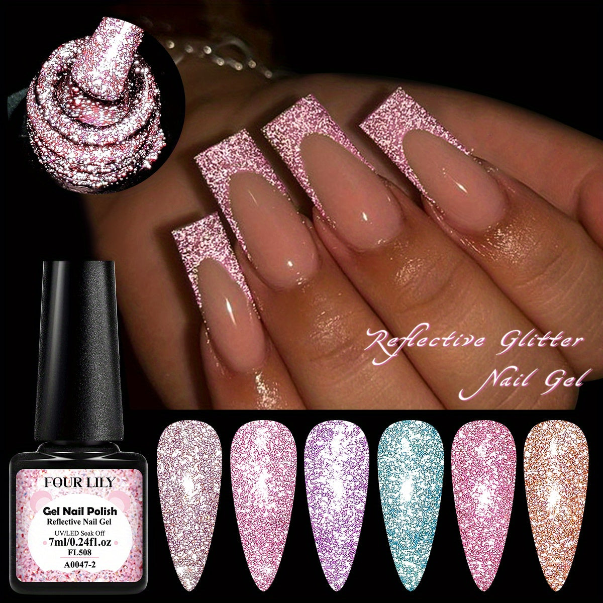 FOUR LILY 0.24oz Reflective Glitter Nail Gel - Semi-Permanent Soak Off LED Varnish for Manicure, Sparkling Pink & Purple Swirls, Long-Lasting Shine, Easy Application, Nail Art Gel | Glittery Nail Polish | Vibrant Colors, Nail