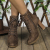 Chic Women's Ankle Boots with Block Heel - Casual Lace-Up & Side Zipper, Round Toe, Faux Cover