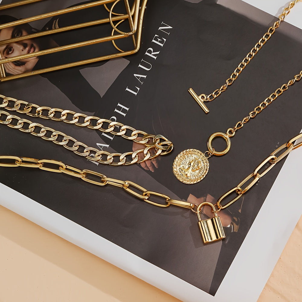 3pcs Vintage Golden Coin Pendant Necklace Set, Simple Alloy Cuban Chain, Women'S Fashion Jewelry for Banquet and Music Festival, Versatile Layering Accessory - All Seasons Compatible