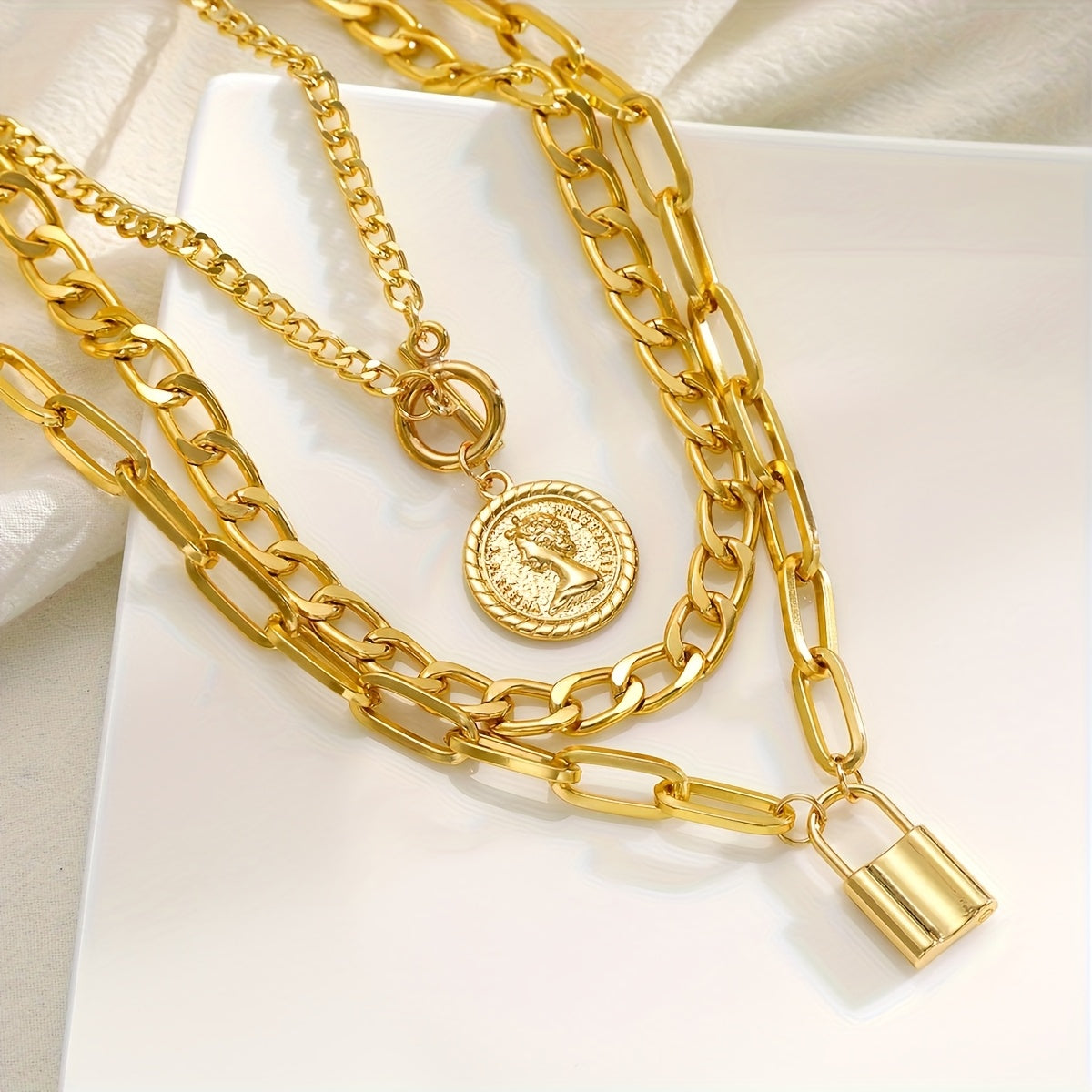 Luxury Golden Multilayer Cuban Chain Necklace with OT Clasp and Portrait Pendant - Women’s Punk Style Layered Jewelry for Casual Attire, Mother’s Day Gift, Pendant Necklace
