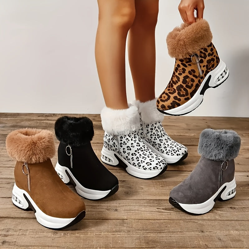 Elegant Women's Leopard Print Fashion Snow Boots with Side Zipper - Warm Fur-Lined Interior, Rubber Sole, Available in Black, Brown, Grey, and White