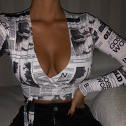 Weekeep Sexy V-neck Cropped Print t shirt Women Bandage Bodycon Long Sleeve Tee Shirt Femme Crop Top 2019 Femme