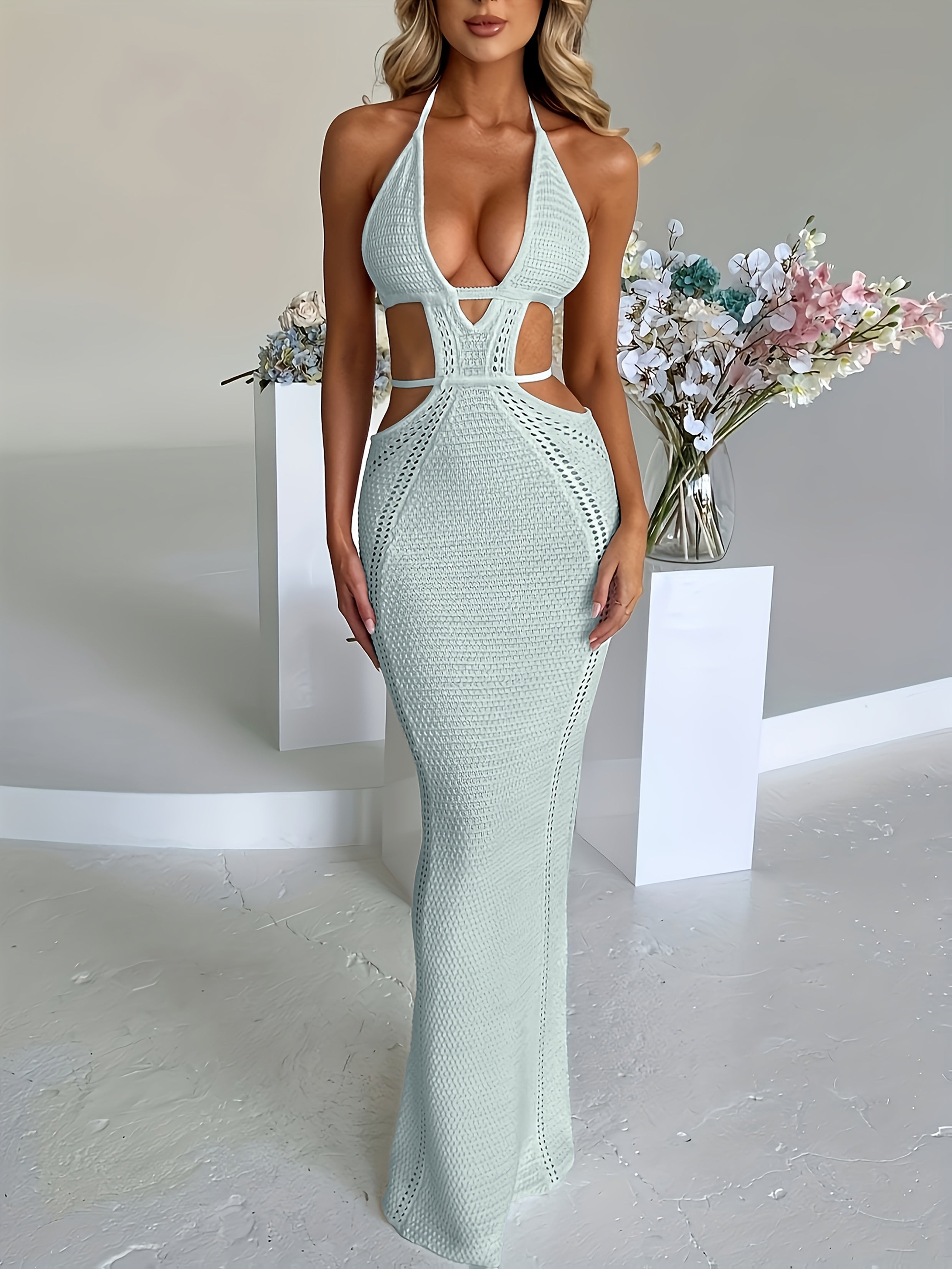 Elegant Knit Cut-Out Midi Dress - Sexy Halter Neck, Semi-Sheer Beach Vacation Style Cover-Up, Polyester, Hand or Dry Clean Only, Beach Dress