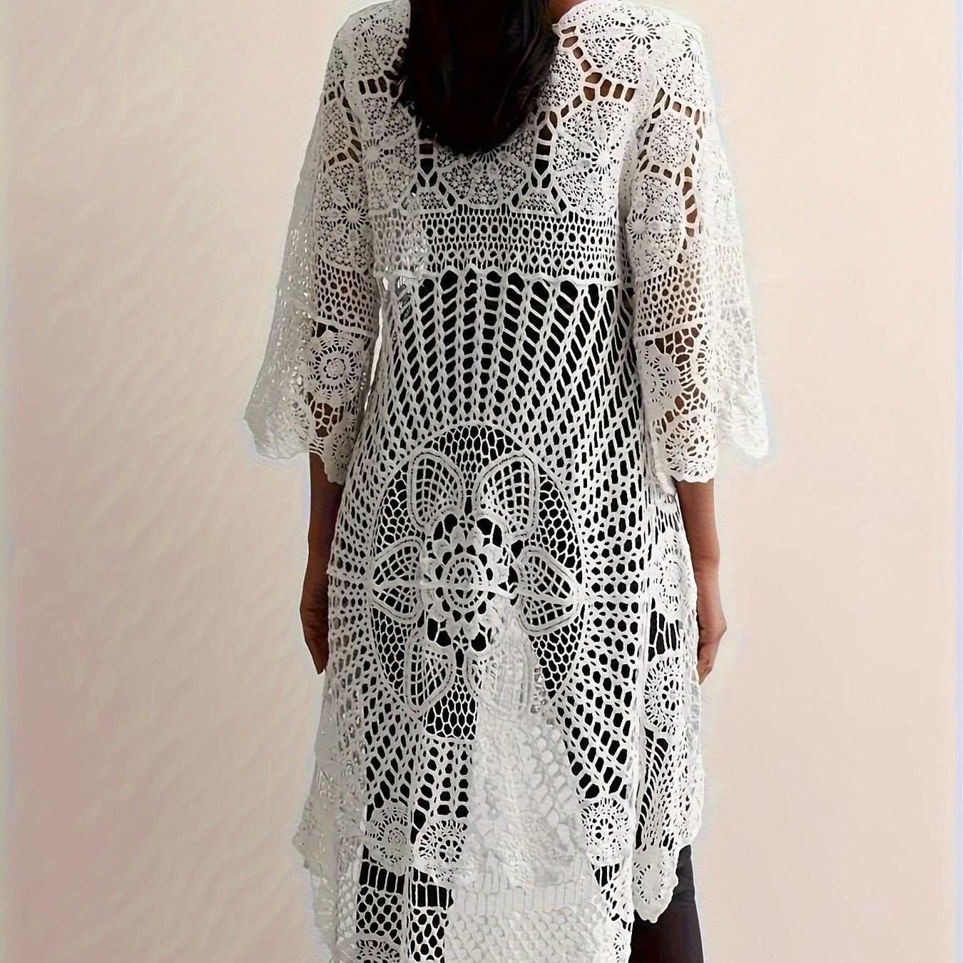 Women's Elegant Crochet Floral Pattern Cover-Up, Bohemian Style Long Sleeve Round Neck High-Low Hem Beach Tunic, Swimwear And Resort Wear For Women