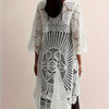 Women's Elegant Crochet Floral Pattern Cover-Up, Bohemian Style Long Sleeve Round Neck High-Low Hem Beach Tunic, Swimwear And Resort Wear For Women