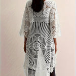 Women's Elegant Crochet Floral Pattern Cover-Up, Bohemian Style Long Sleeve Round Neck High-Low Hem Beach Tunic, Swimwear And Resort Wear For Women