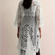 Women's Elegant Crochet Floral Pattern Cover-Up, Bohemian Style Long Sleeve Round Neck High-Low Hem Beach Tunic, Swimwear And Resort Wear For Women