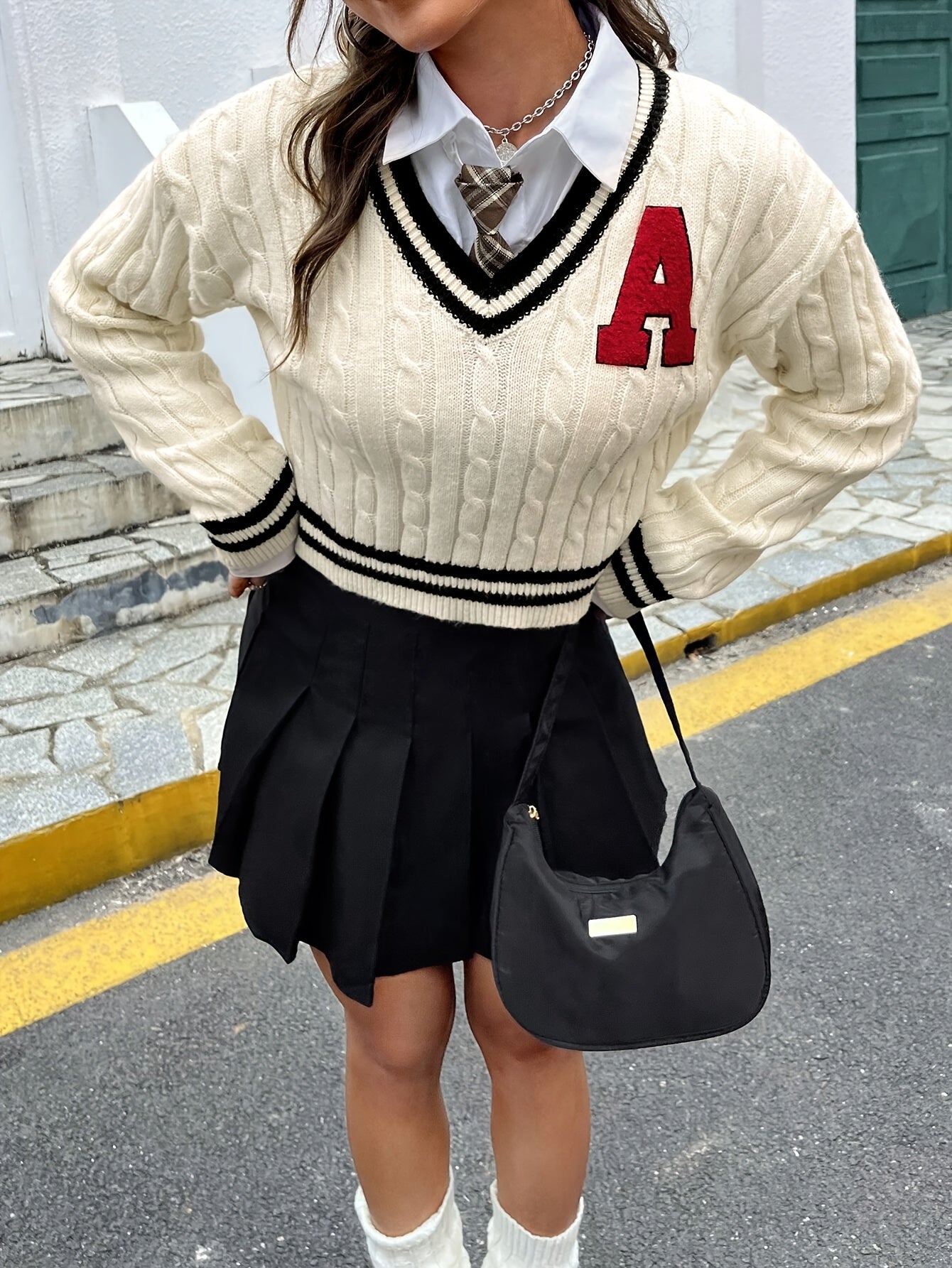 Cozy Long-Sleeve V-Neck Knit Sweater with Letter "A" - Cute Preppy Style, 100% Polyester, Machine Washable - Ideal for Fall/Winter Casual Wear