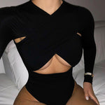 Solid Color Cross Cutout Long-sleeved Waistless Bodysuit