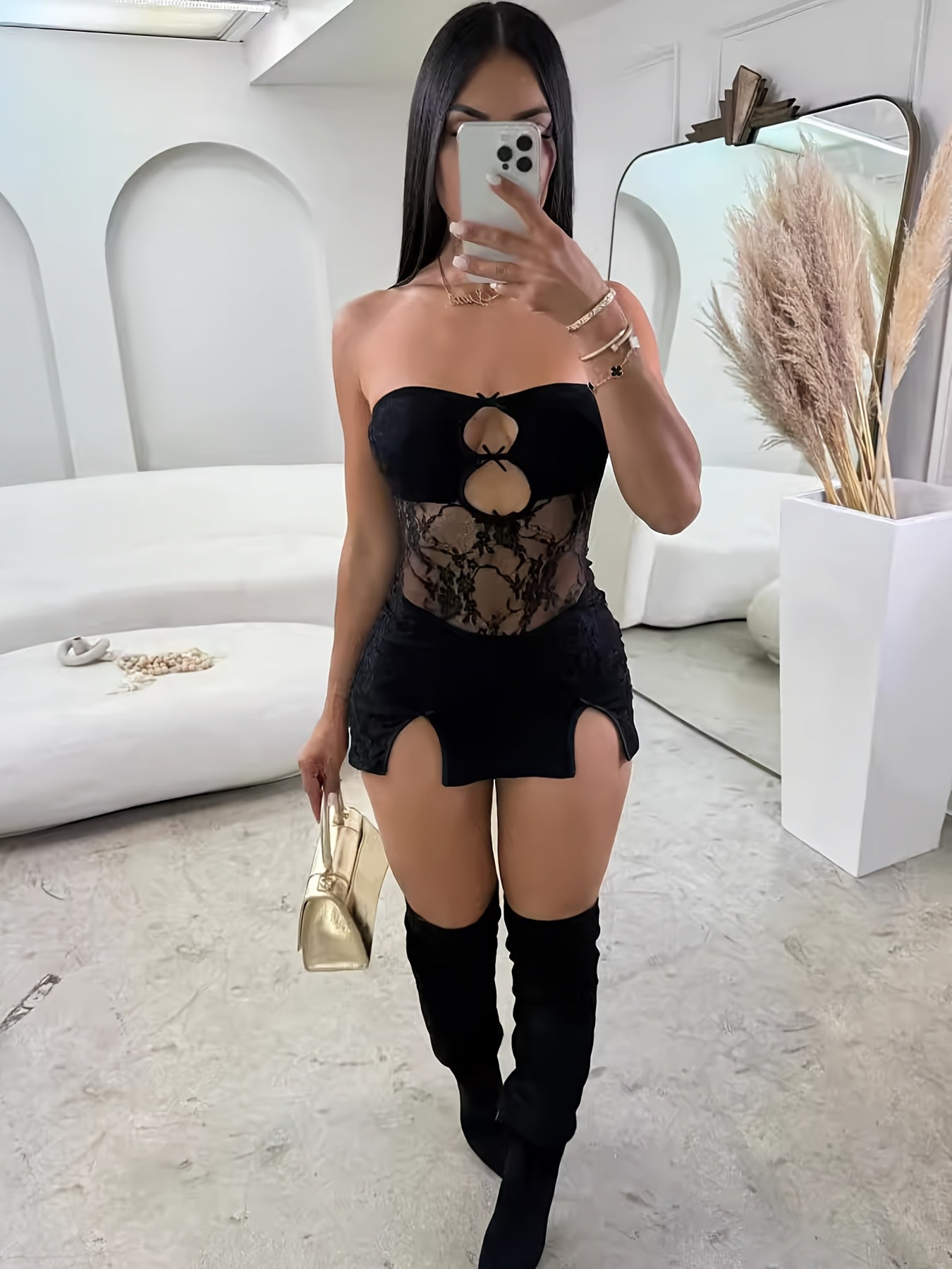 Women's Sexy Strapless Lace Mini Dress, Geometric-Patterned Polyester 95% Elastane 5%, Woven Contrast Lace Detail, Hollow Out Sleeveless Design for Adults, Lace Dress