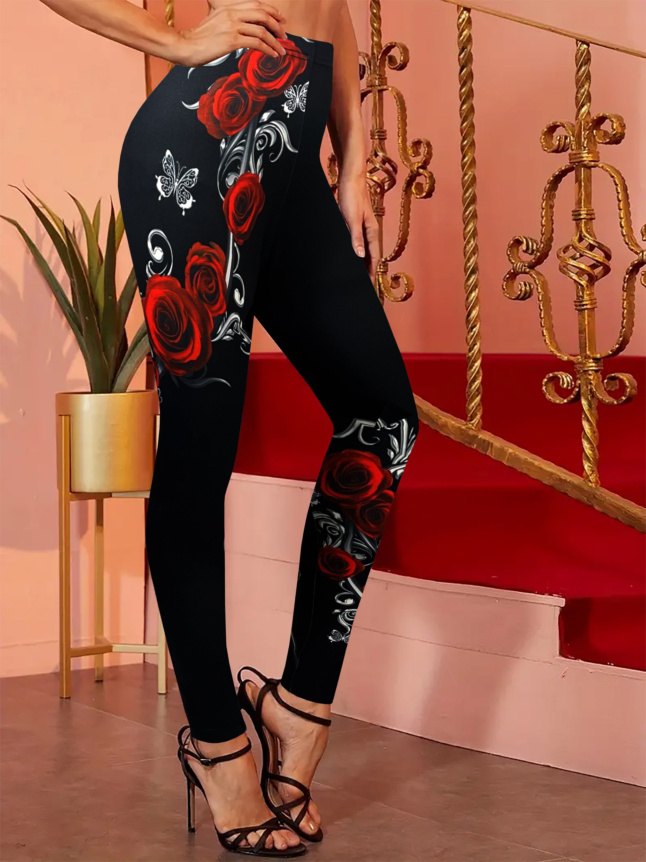 Floral Elegance & Comfort: Durable, Mid-Elastic Jegging-Leggings for Year-Round Style, Easy-Care Knit Fabric