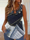 Stylish Metal Buckle Design Imitation Denim Print Casual Sleeveless Vest