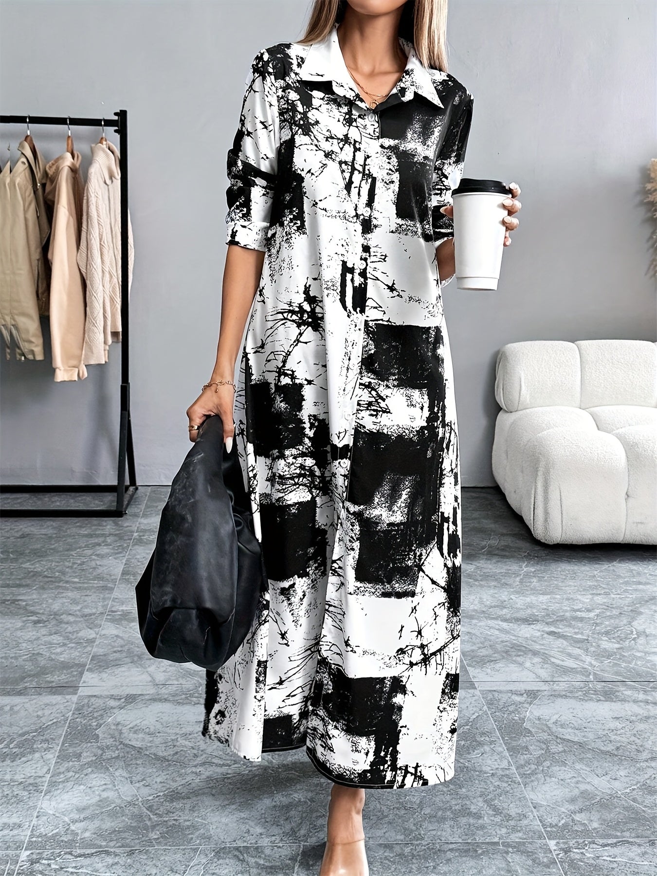 Elegant Tie-Dye Shirt Dress for Women - Casual Long Skirt with 3/4 Sleeves, Button Detail, Machine Washable - Perfect for Spring & Fall