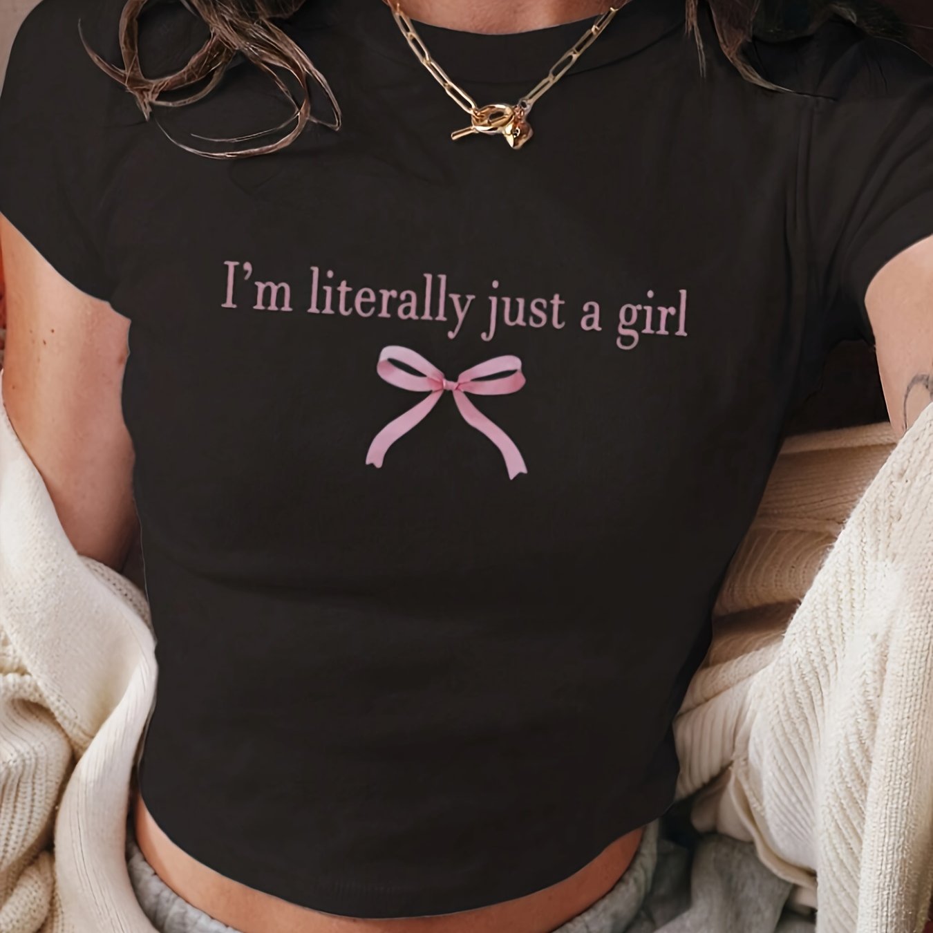 Letter & Bow Print Crew Neck T-shirt, Casual Short Sleeve Crop Top For Spring & Summer, Women's Clothing