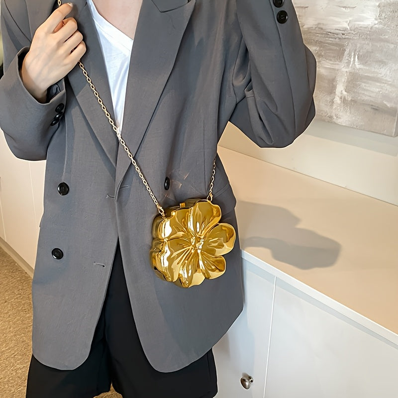 Y2K-Inspired Minimalist Golden Acrylic Crossbody Bag with Detachable Chain Strap – Stylish Flower Design for Women, Magnetic Closure, Perfect for Casual or Evening Outfits