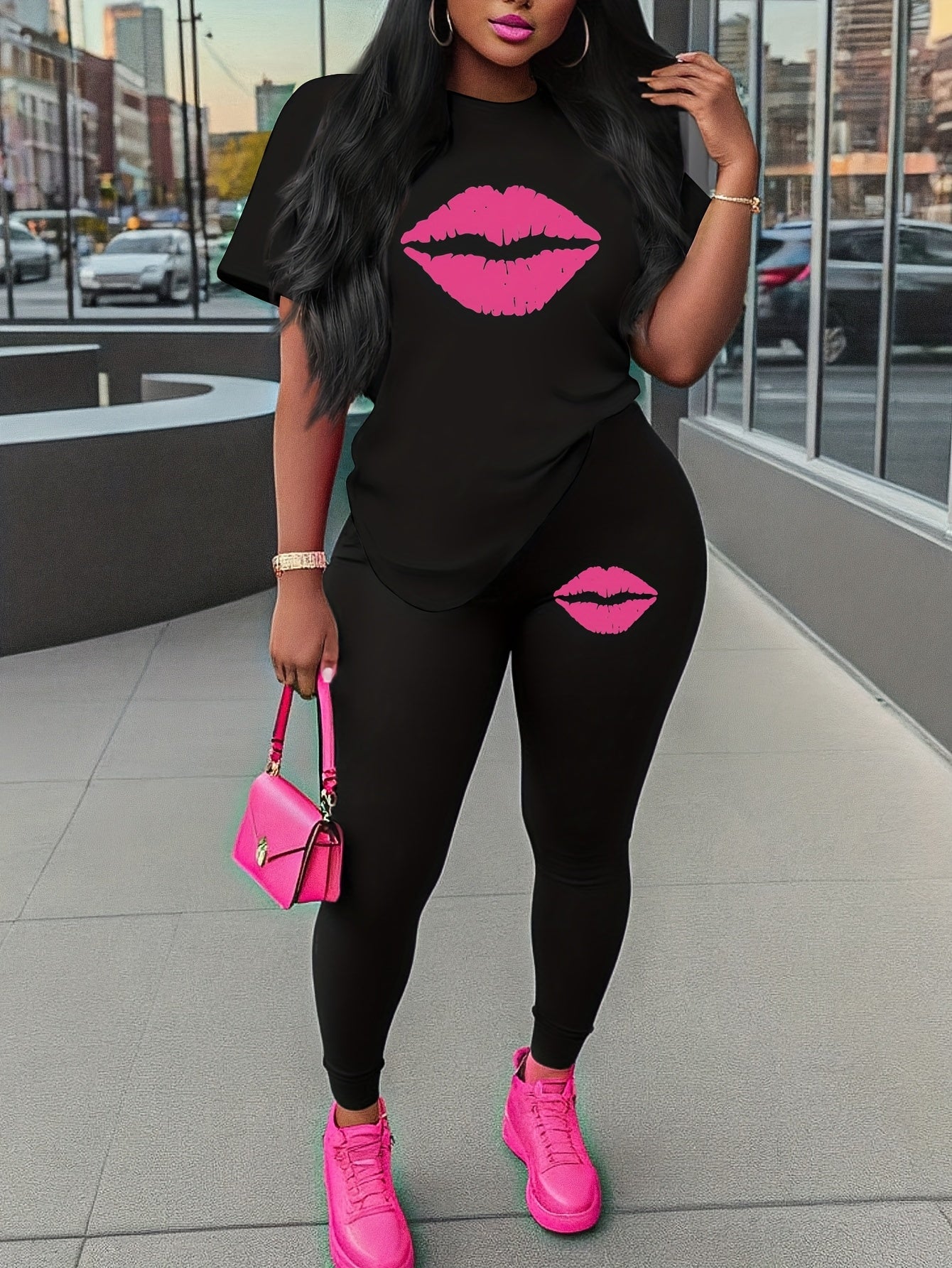 love graphic print two piece set, short sleeves T-shirt & Leggings, Women's clothing