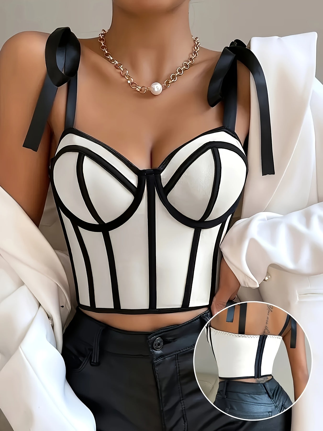 Elegant Black and White Ribbon-Embellished Mesh Cami Top with Color Block Design and Boning Detail - Sexy Spring/Summer Collection for Women, Womens Fashion|Elegant Halter Top| Delicate Lacing
