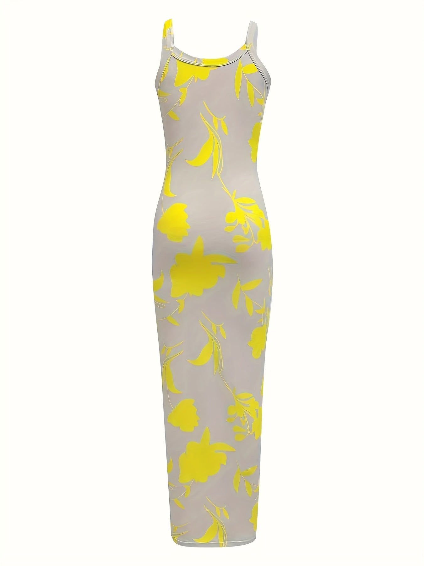 Elegant Floral Print Bodycon Maxi Dress, Polyester Knit Fabric, Crew Neck Sleeveless Long Dress for Women, All-Season, Halter Dress