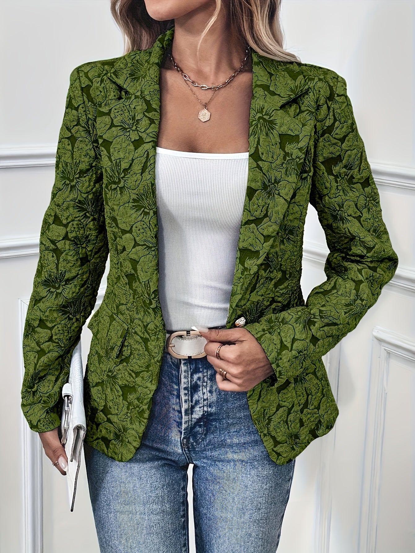 Women'S Green Floral Print Blazer - Stylish Short Sleeve Jacket with White Top and Jeans, Perfect for Spring and Fall, Polyester Fabric, Lapel Collar, Casual to Semi-Formal Wear, Casual Blazer | Floral Print Jacket | Polyeste