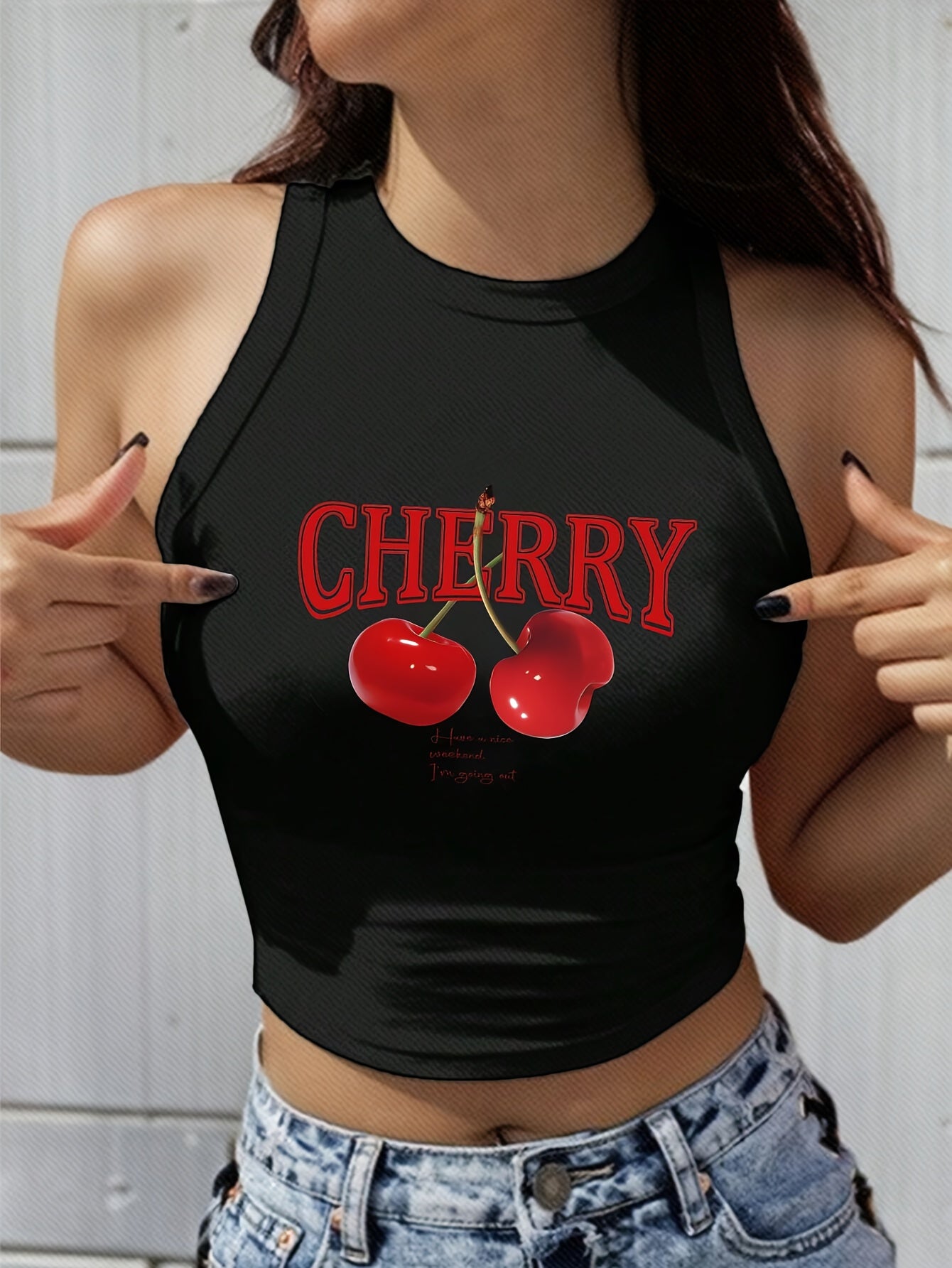 Women's Elegant Cherry Print Crop Top Tank - Stretchy Polyester Blend, Round Neck, Machine Washable, Semi-Sheer Geometric Pattern Sleeveless Vest