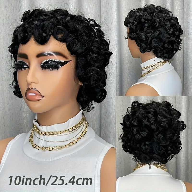 180% Density Bouncy Afro Loose Curls Short Bob Wig - 100% Human Hair, Pixie Cut, Bangs, Rose Cap, Glueless Put-On for All Ethnicities