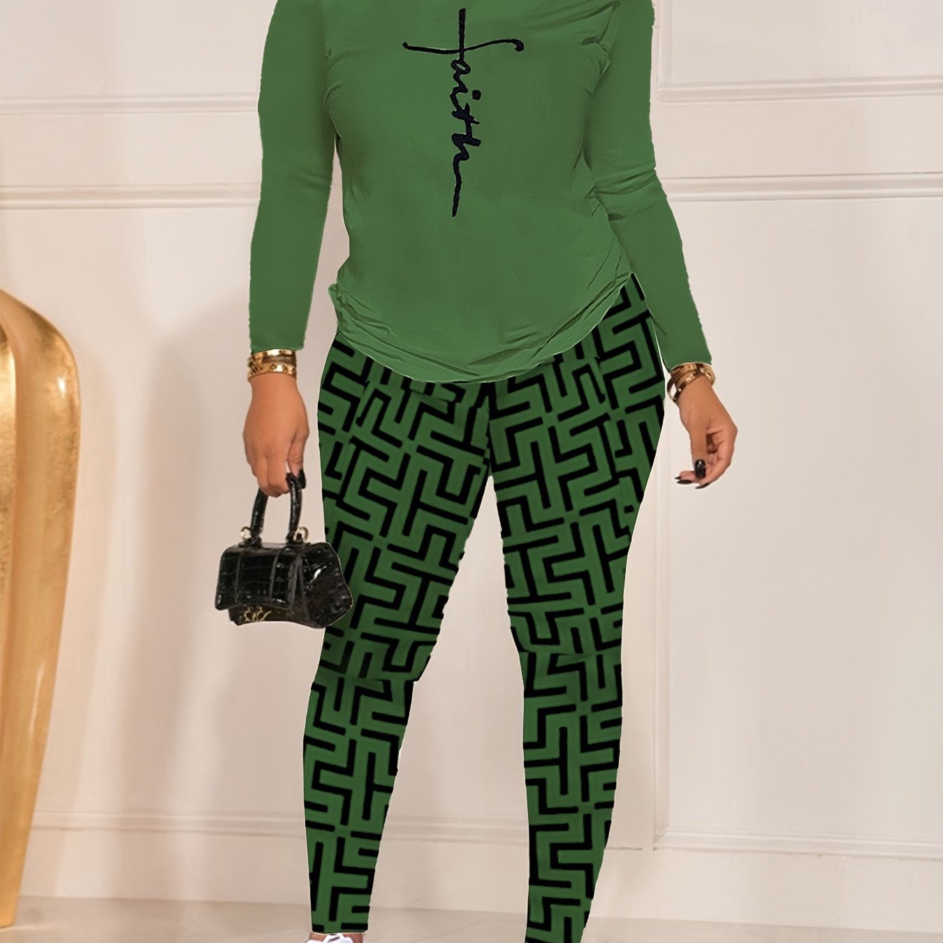 Chic Geo Print Women's Outfit - Casual Long Sleeve Top & Pants Set, Stretchy Polyester Blend, Machine Washable - For Women - Perfect for Everyday Wear  - Great Gift for Fashionable Ladies