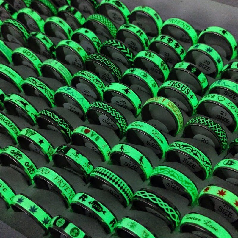 50Pcs/Set Stainless Steel Luminous Rings For Women Men Mix Style ECG LOVE Animal Glow In The Dark Jewelry