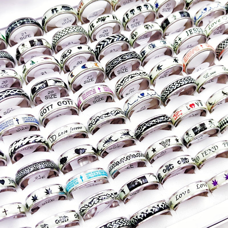 50Pcs/Set Stainless Steel Luminous Rings For Women Men Mix Style ECG LOVE Animal Glow In The Dark Jewelry