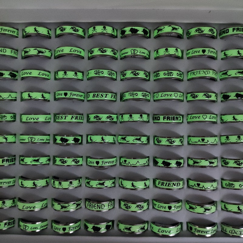 50Pcs/Set Stainless Steel Luminous Rings For Women Men Mix Style ECG LOVE Animal Glow In The Dark Jewelry