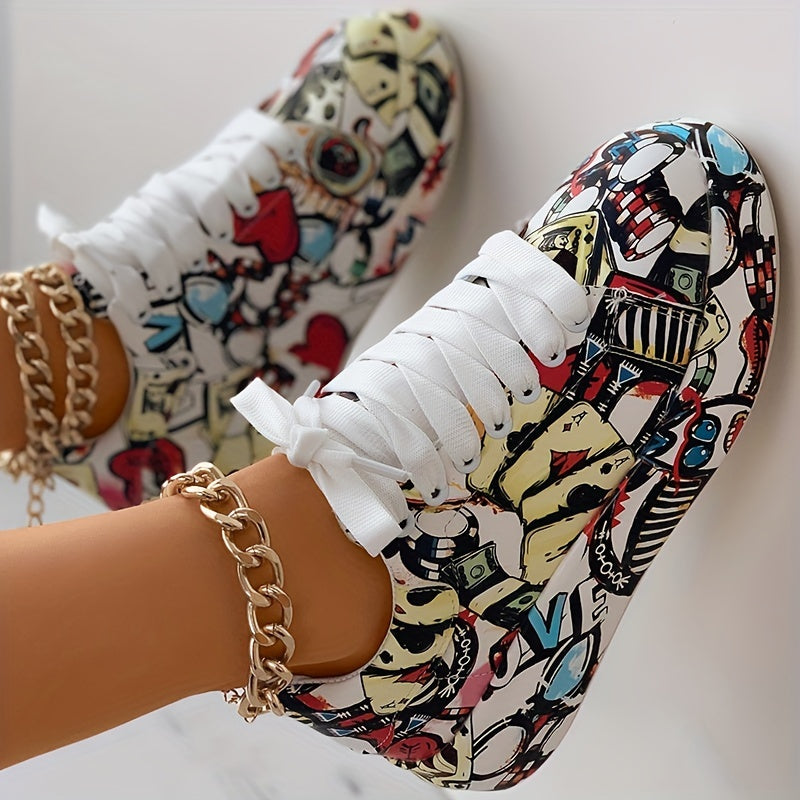 Womens Graffiti Art Sneakers - Stylish Lace-Up Platform Shoes with Comfortable Low Top Design - Perfect for Sports & Casual Wear - Fashionable Skate Style