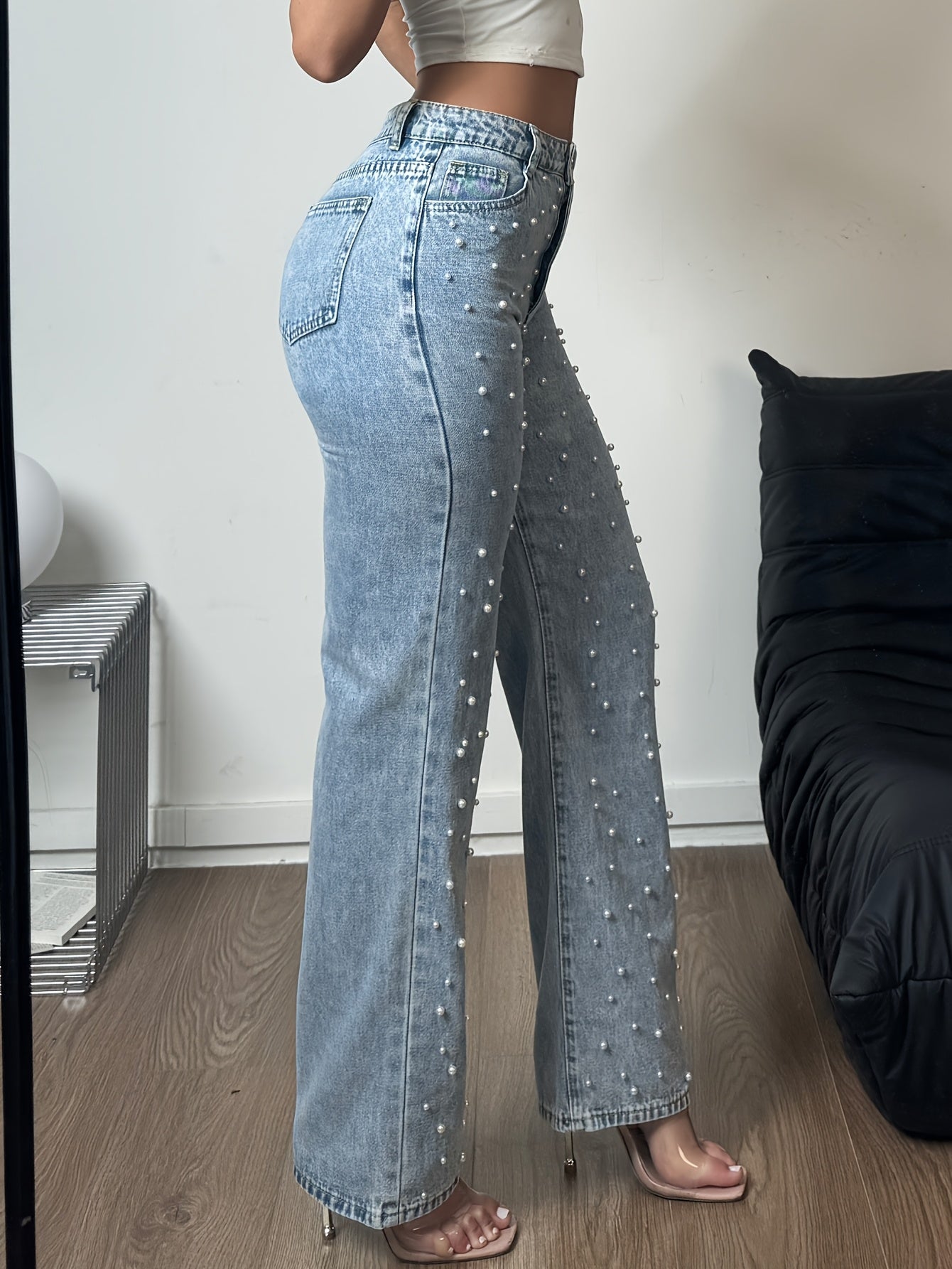Women's Casual Straight Leg Denim Pants with Pearl Accents - Loose Fit, High-Waisted, Machine Washable, Pockets & Zipper Closure for Year-Round Wear, Party & Everyday Outfits, Straight Leg Jeans