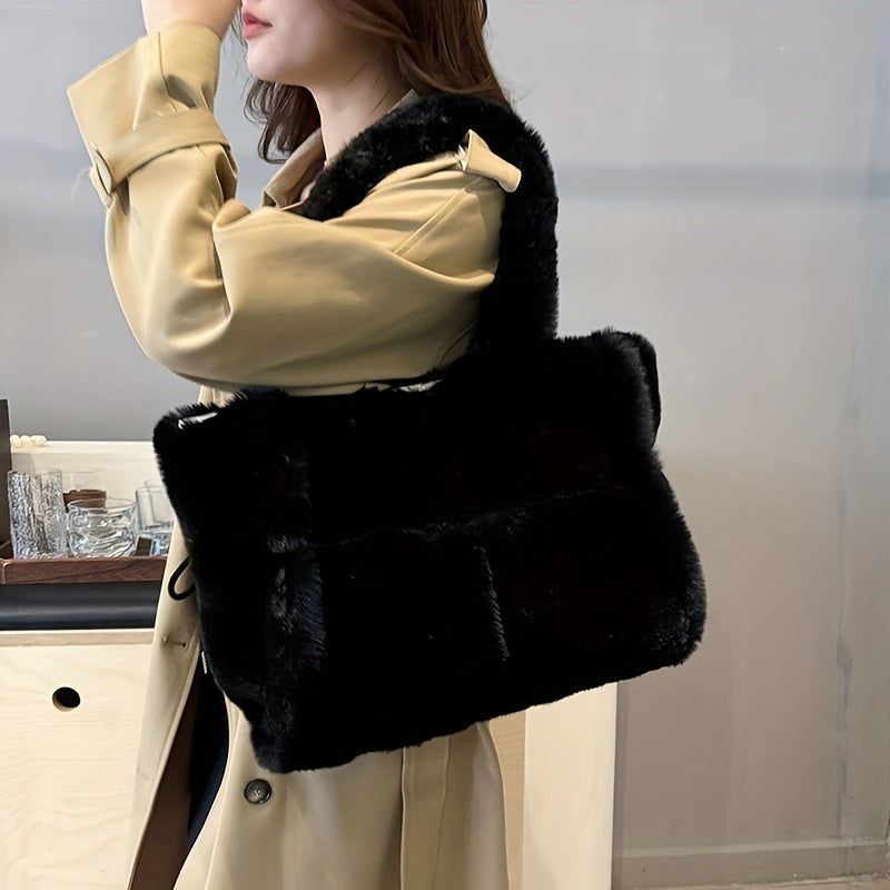 Chic Faux Fur Shoulder Bag for Women - Spacious & Versatile, Magnetic Closure, Faux Leather Lined - Available in Pink, Deep Brown, White, Black
