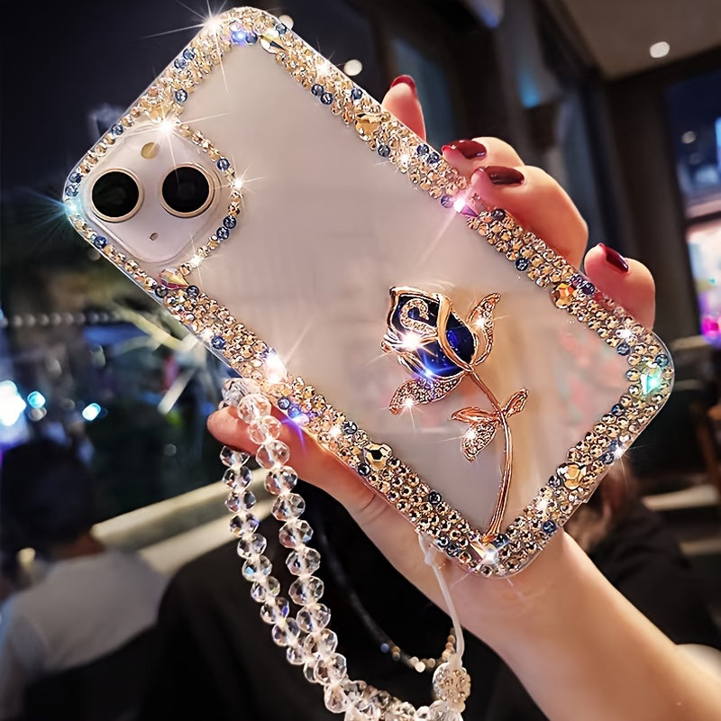 [1pc Luxurious Rose Flower Phone Case] Luxurious And Stylish Three-Row Glass Hardware Rose Flower Phone Case with Sparkle Bracelet Strap, Suitable for Iphone 16 Pro Max, Shockproof Phone Cover.
