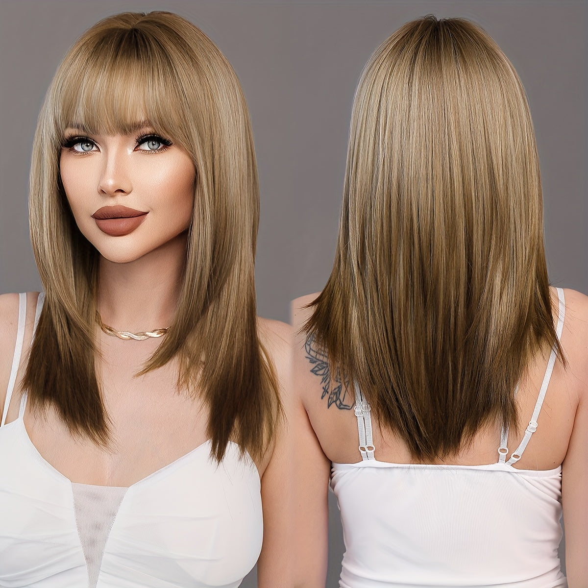 Shoulder Length Ombre Blonde Wig for Women Christmas Costume Cosplay High Density Synthetic Layered Straight Hair Wigs with Bangs Heat Resistant Fiber 20 Inch
