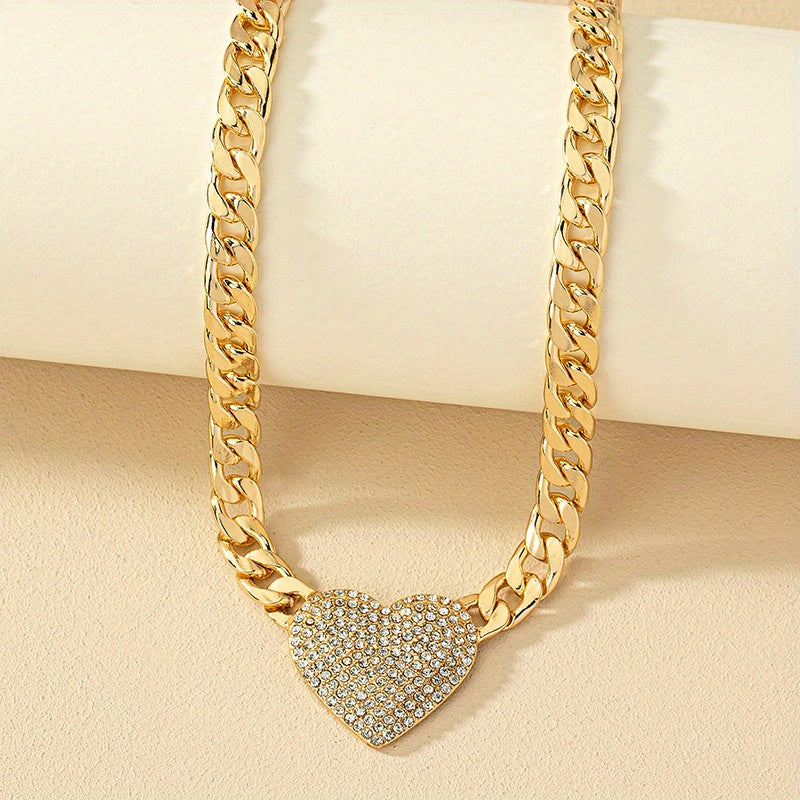 Punk Hip-Hop Heart Pendant Necklace for Women, Mosaic Rhinestones, Alloy, Luxury Style, Daily and Wedding Occasions, All Sizes Fit