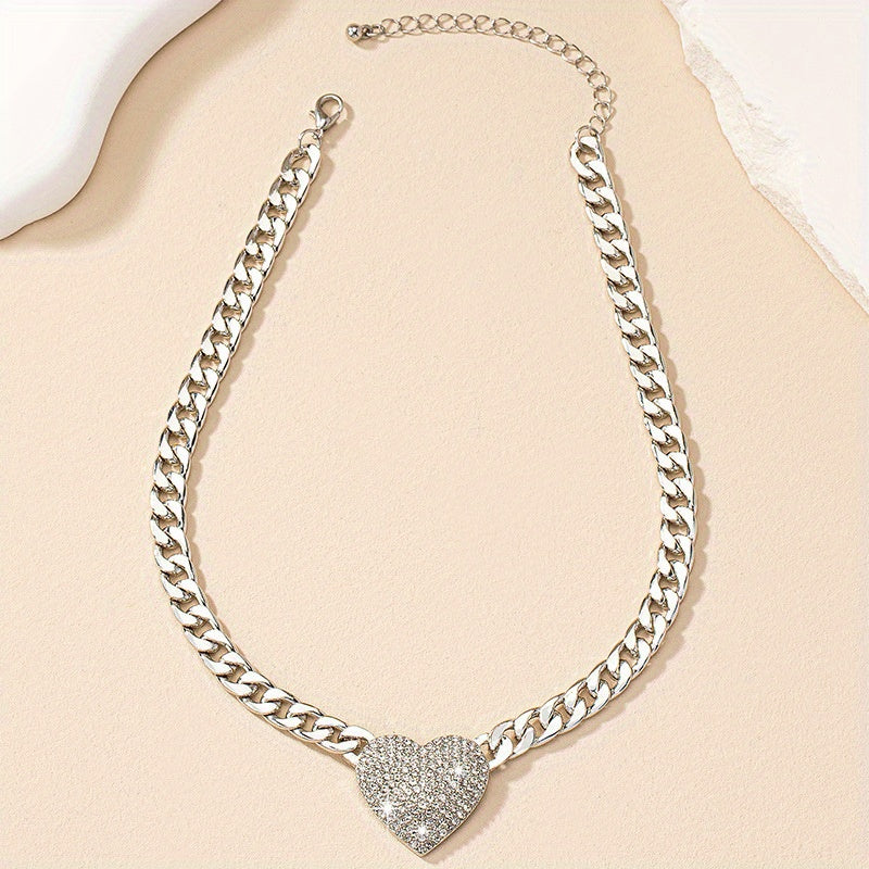 Punk Hip-Hop Heart Pendant Necklace for Women, Mosaic Rhinestones, Alloy, Luxury Style, Daily and Wedding Occasions, All Sizes Fit