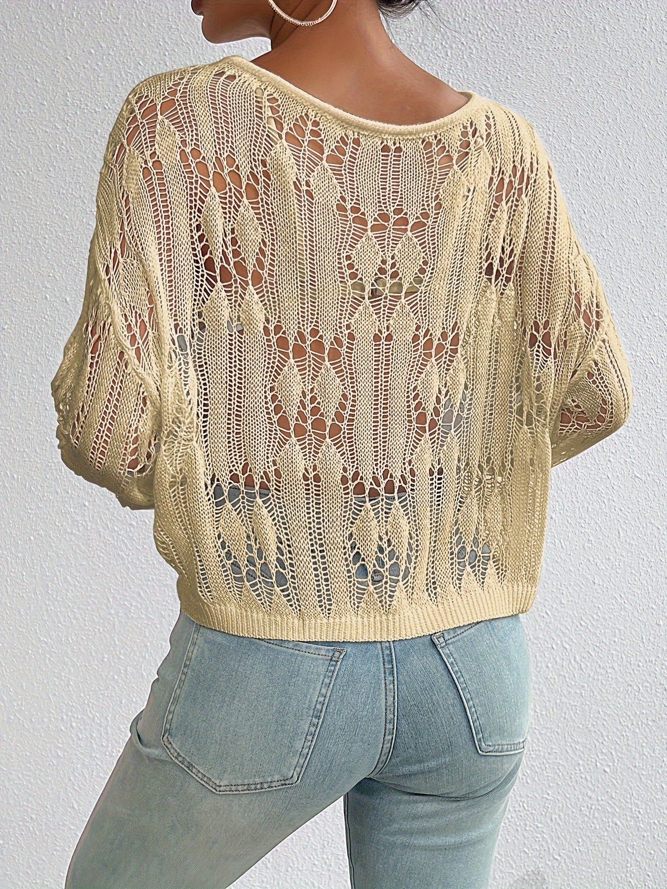 Versatile Women's Crew Neck Long Sleeve Loose Knit Sweater, Solid Hollow Out Top for Everyday Wear