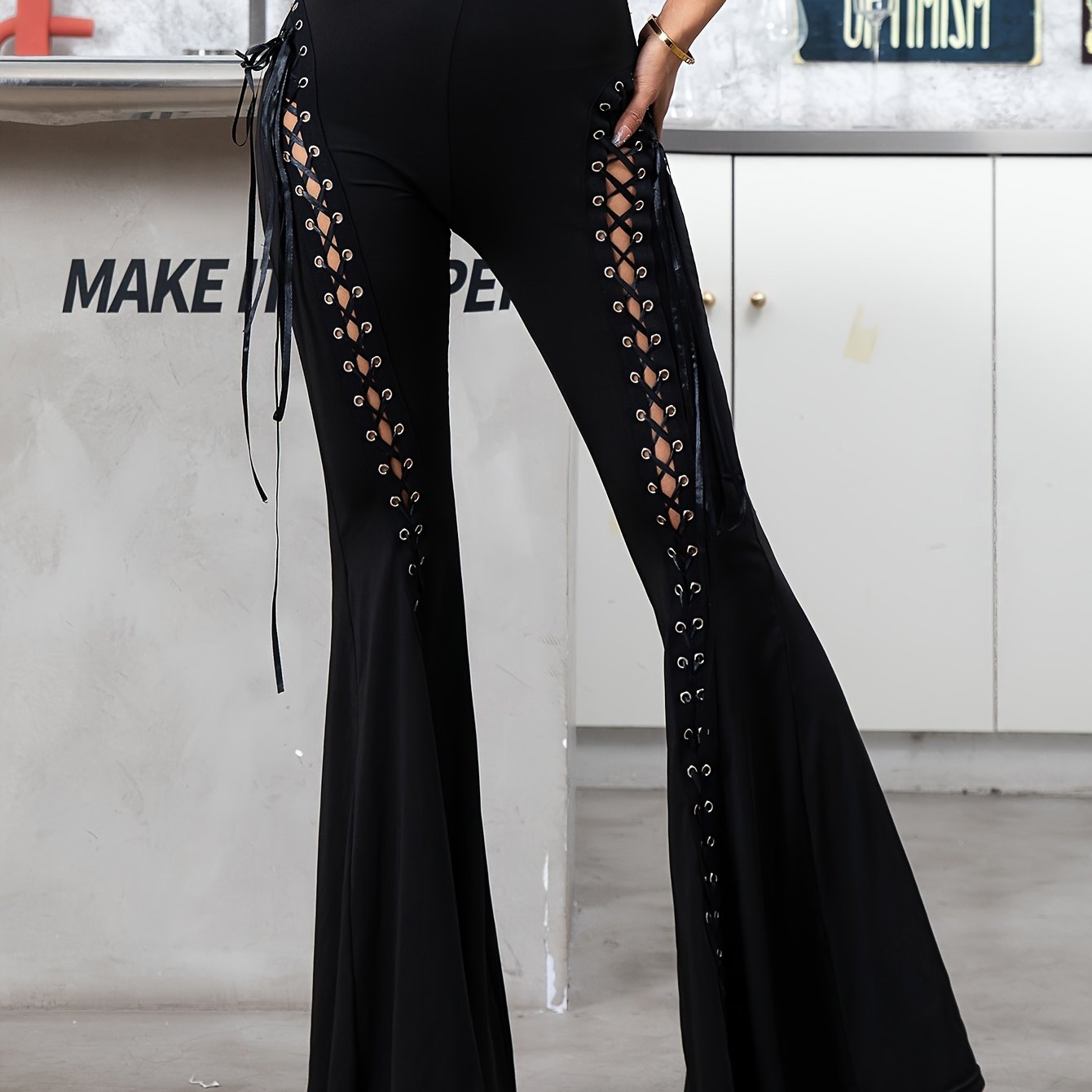 Flattering Flared Pants with Lace-up Accents - Stylish Polyester Blend Knit Fabric - Fashionable Adult Size for Fall/Winter - Comfortable, Figure-Hugging Design with Knit Fabric for Ultimate Freedom of Movement
