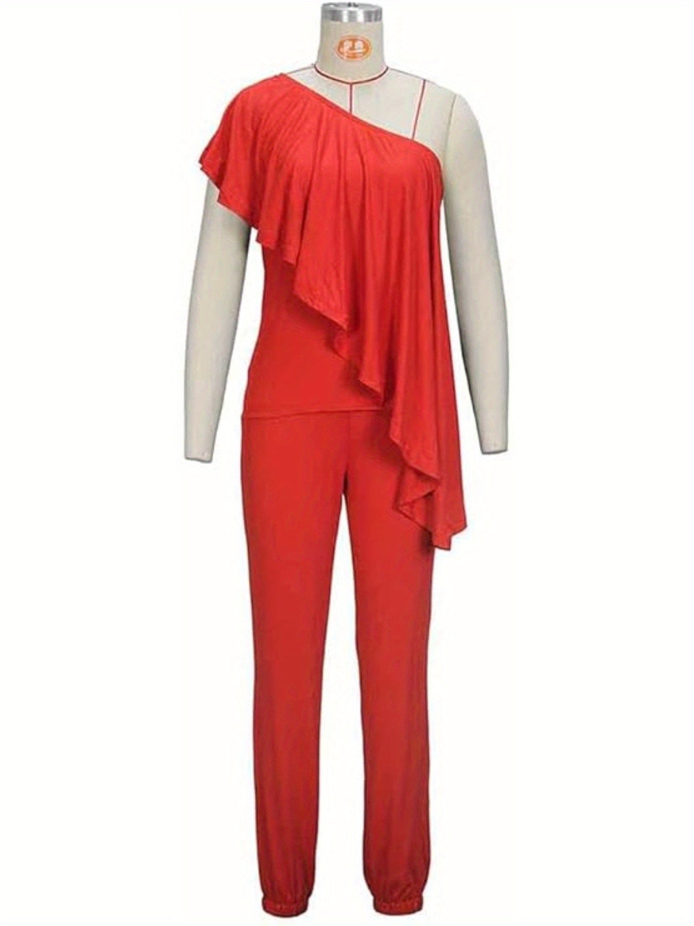 2pcs Sets for Women - Off-Shoulder Ruffled Sleeve Top & Wide-Leg Pants, Vibrant Red Casual Chic Outfit, Machine Washable Spring Summer Outfits for Brunch, Office, or Casual Outings, Brunch Attire | Nontransparent Fabric