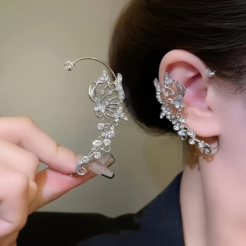 2pcs Butterfly Fairy Ear Cuff Earrings – Non-Pierced Elven Ear Crawlers with Sparkling Synthetic Zircon, Handmade Fantasy Jewelry for Women & Girls, Cosplay or Special Events