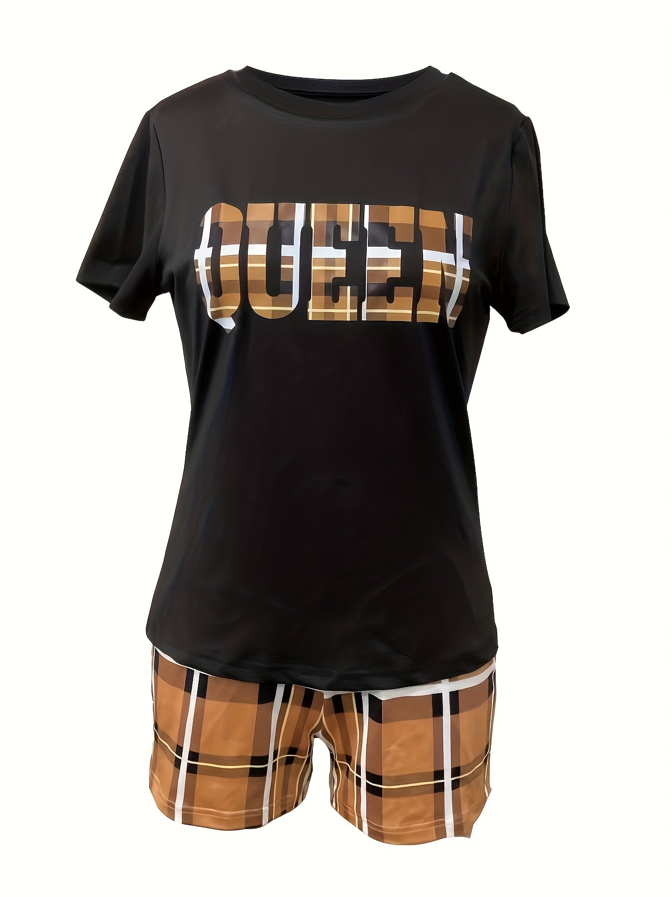 Casual Spring & Summer Two-piece Set, Queen Letter Print Short Sleeve Tee & Plaid Slim Shorts Outfits, Women's Clothing