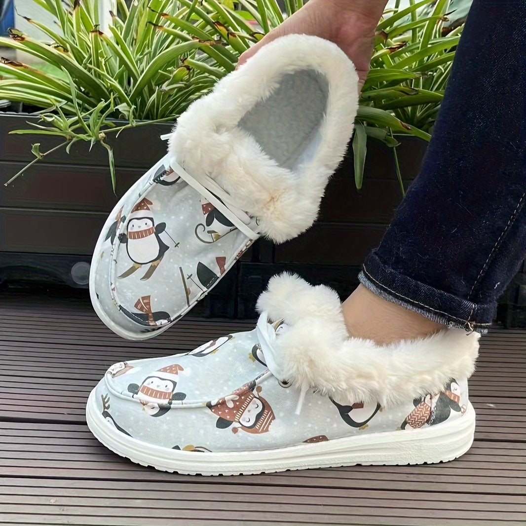 Cozy Penguin Print Slip-On Women's Boots - Soft Sole, Plush Lining for Winter Comfort, Casual Style