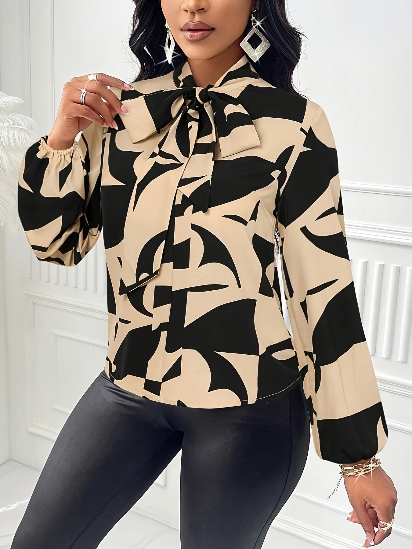 Elegant Geometric Print Blouse with Tie-Neck & Lantern Sleeves - Machine Washable, Beige & Black Color Block Design, Versatile for All Seasons, Perfect for Office or Casual Outfits