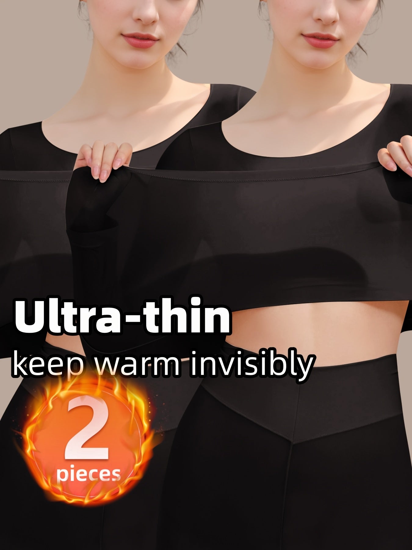 Set of 2 High-Elastic Ultra-Thin Base Layer Tops, Lightweight And Form-Fitting, Warm for Autumn And Winter, Long-Sleeve Women'S Thermal Underwear.