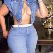 Women's Chic Cropped Denim Vest - Single-Breasted, Irregular Lapel, Washed Blue Jean Jacket for Spring/Summer, Casual Sleeveless Denim Top with Unique Retro Flair, Party Accessory | Trendy Casualwear | Classic Button Closure