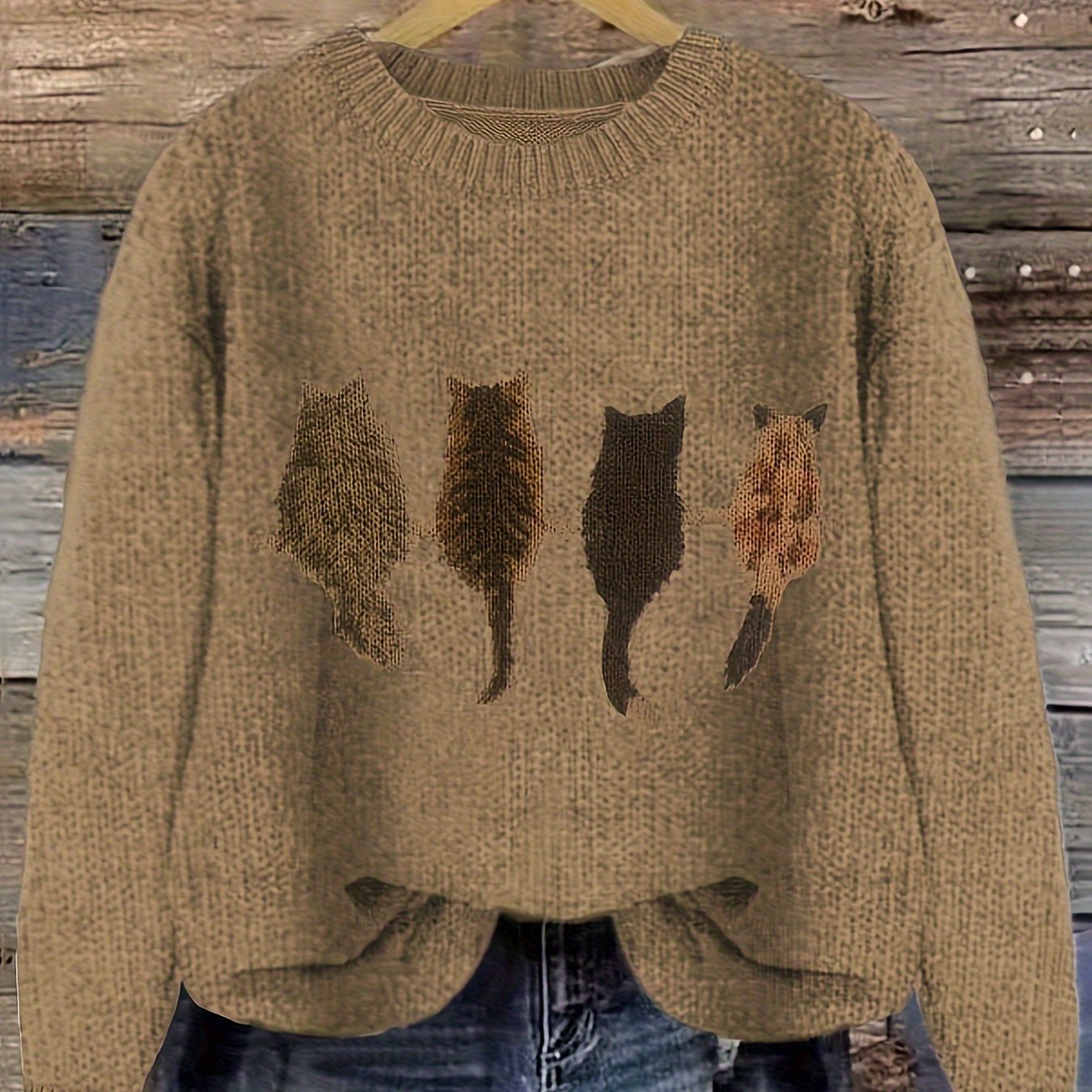 [Casual Cat Print Sweater] Color Block Cat Print Crew Neck Knit Sweater - Loose Fit Pullover - 100% Polyester - Women's Casual for Fall/Winter