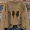 [Casual Cat Print Sweater] Color Block Cat Print Crew Neck Knit Sweater - Loose Fit Pullover - 100% Polyester - Women's Casual for Fall/Winter