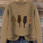 [Casual Cat Print Sweater] Color Block Cat Print Crew Neck Knit Sweater - Loose Fit Pullover - 100% Polyester - Women's Casual for Fall/Winter